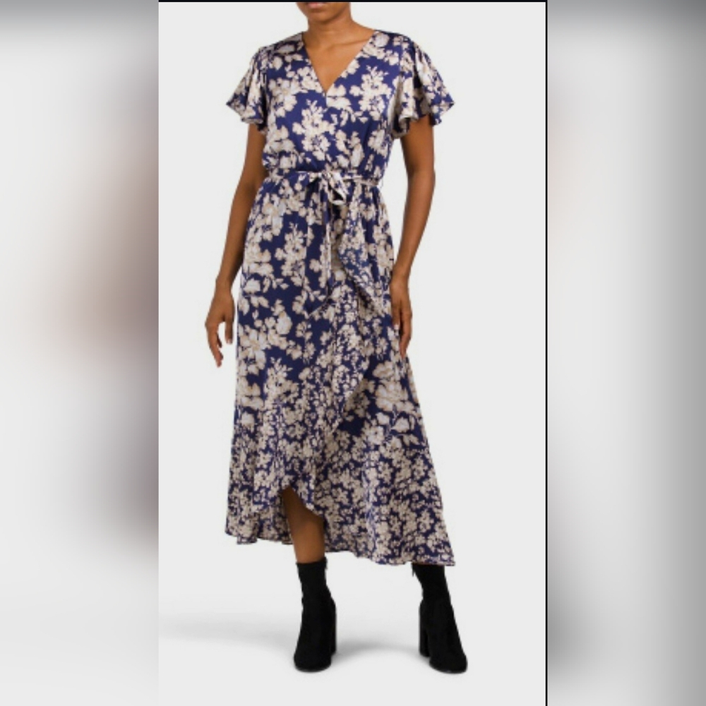 Nicole Miller Satin Wrap Ruffle Belted Cocktail Midi Dress